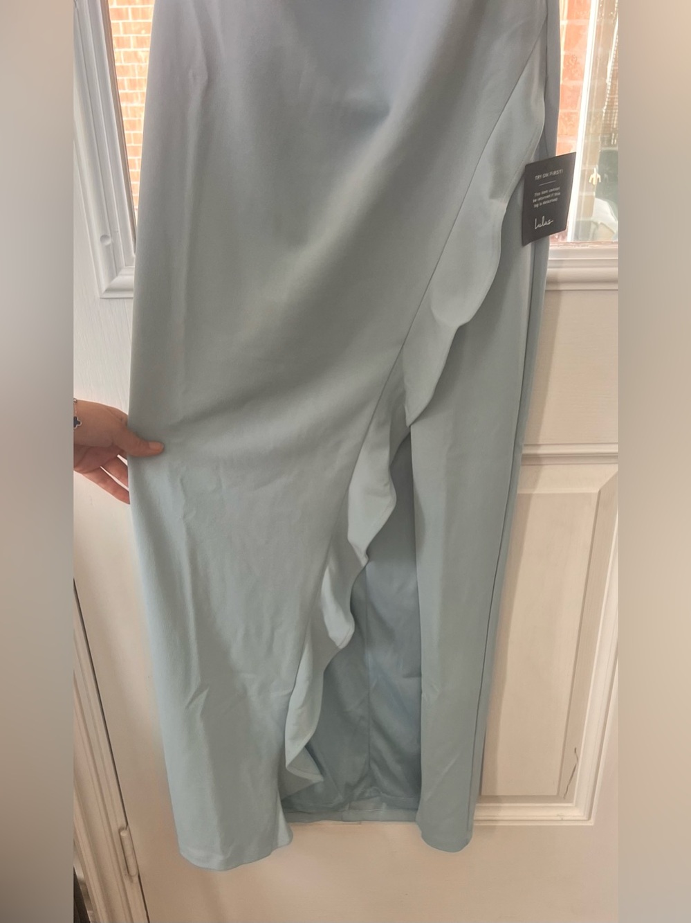 NWT Lulus After Hours Light Blue Strapless Ruffled Slit Maxi Dress 🐝 - Picture 4 of 8